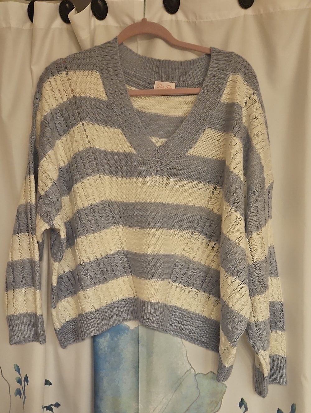 Pink Lily Light Blue & Cream Striped V-Neck Pullover Sweater